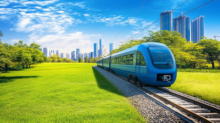 Naklejka premium futuristic sky train system travels through vibrant green landscape, showcasing blend of nature and modern architecture. scene captures harmony between technology and environment