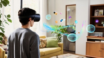 A young person wearing a VR headset in a modern living room, surrounded by vibrant, glowing augmented reality graphics. Virtual objects like 3D 