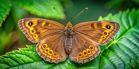 Obraz premium Perched on a leaf, a Common Evening Brown Butterfly reveals its delicate wings, exemplifying natureâ€™s artistry and the vibrant life within the Nymphalidae family.