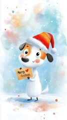 Cheerful Dog in Santa Hat Holding a Merry Christmas Card