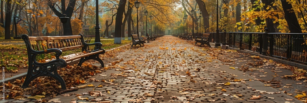 Poster Visitors can enjoy a peaceful walk through the urban park's pathways covered in colorful fallen leaves, with benches lining the way. Generative AI