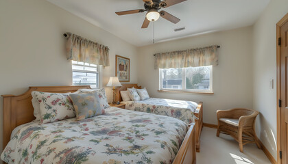 Cozy bedroom with floral bedding and natural light