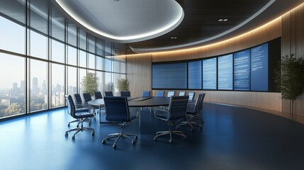 meeting room, to include a table for 30, blue concrete floors, dark blue leather office chairs, large black windows along the entire