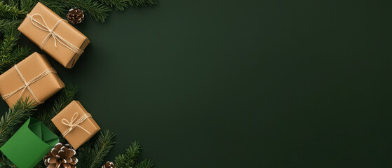 A festive arrangement of wrapped gifts on a green surface, adorned with pine branches and pinecones, creating a warm holiday atmosphere.