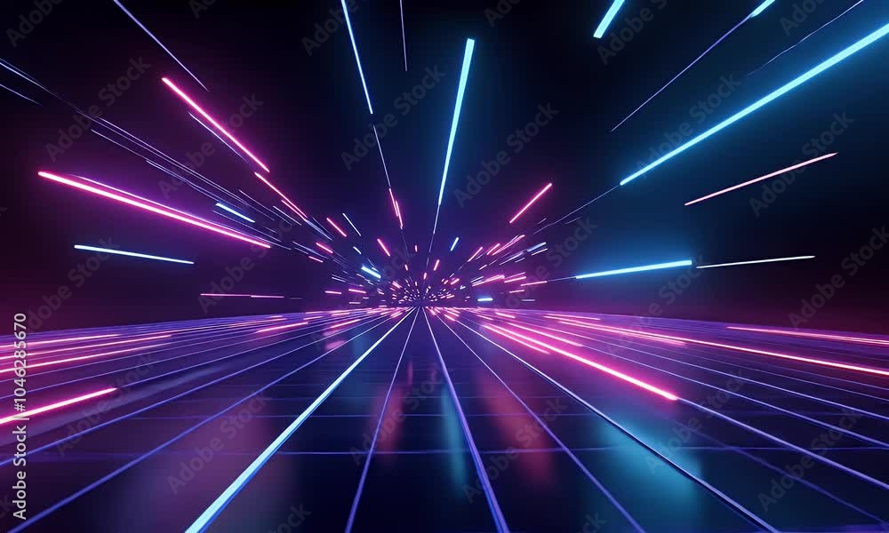 Poster 3d render, abstract background with neon laser light rays on a dark, empty black space for a design 
