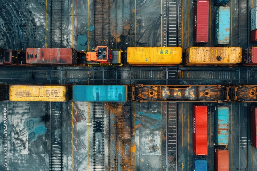 Poster Containers are being loaded onto a train at a busy cargo terminal, highlighting the integration of various transport modes in logistics. Generative AI