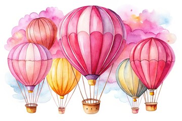Stunning pink watercolor balloons floating on a clean white backdrop, ideal for inspiring creativity and injecting color into your artistic projects.