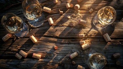Wine Corks and Glasses on a Rustic Wooden Table