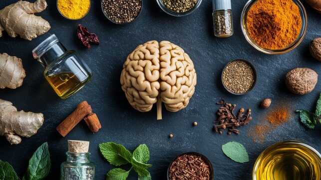 Ayurvedic brain foods, rooted in traditional Indian medicine, promoting mental clarity and cognitive health through natural herbs and spices