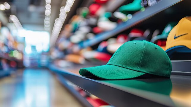 A green cap resting on a shelf in a retail store, surrounded by various other hats.