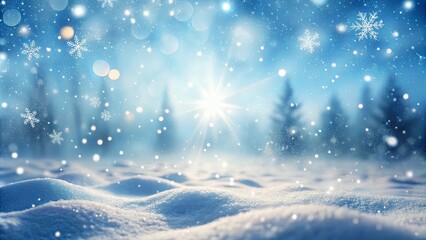 A serene winter scene with a sunlit snow-covered field, soft light filtering through a snowy forest, and snowflakes falling gracefully in the air.