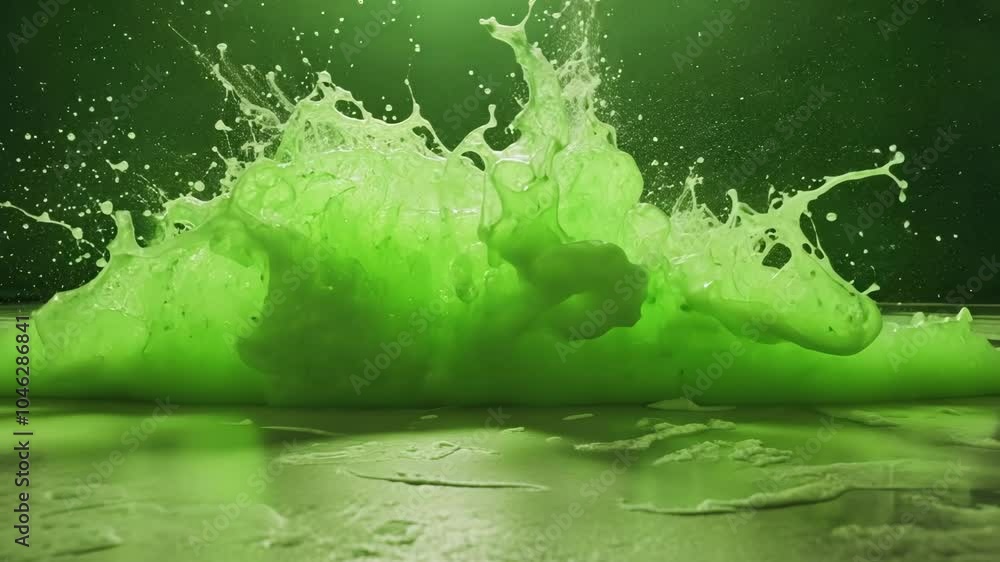Poster green liquid splashes and foams across a surface, creating an abstract pattern