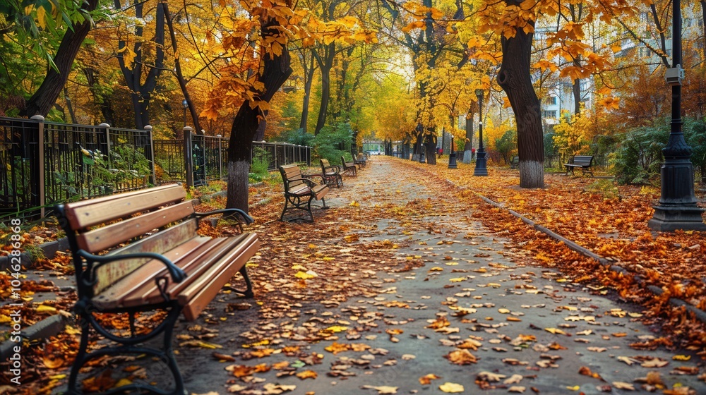 Poster a serene park path covered in colorful fallen leaves features inviting benches nestled among towerin