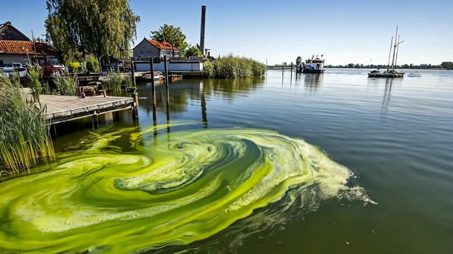 A swirling patch of green algae blooms in a calm harbor on a sunny day