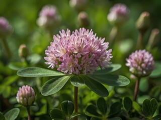 Close-up photo of clover flowers taken in the garden next to the house