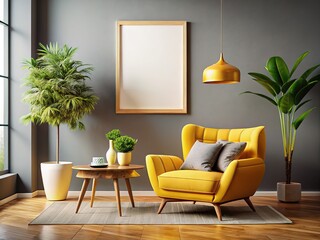 This inviting living room features a bright yellow armchair and a mock-up poster frame, offering stylish decor inspiration for a warm and inviting home setting.