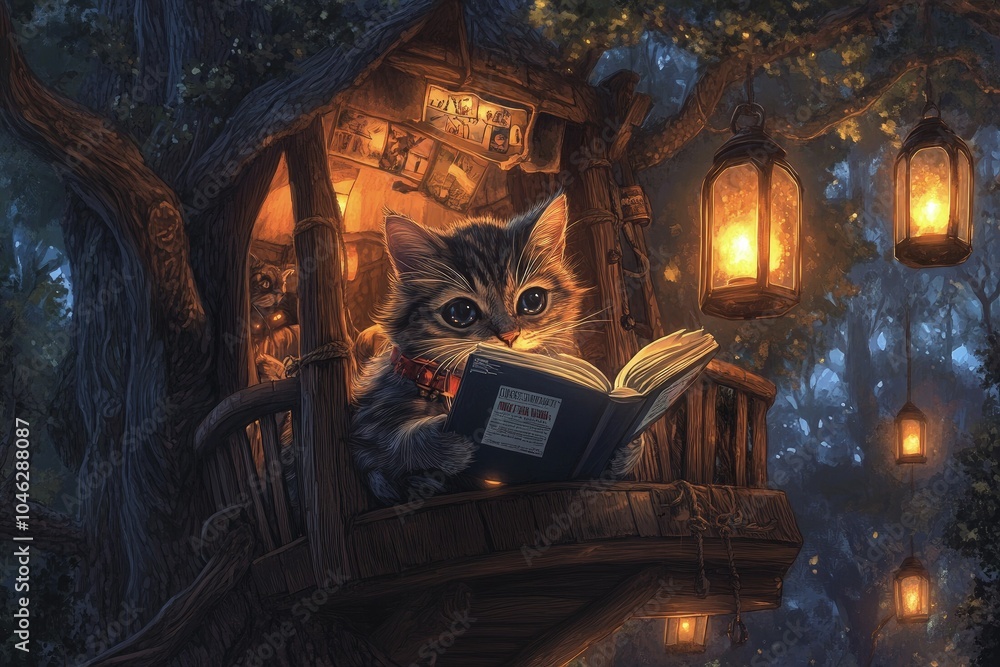 Canvas Prints a cat sitting on a tree house reading a book