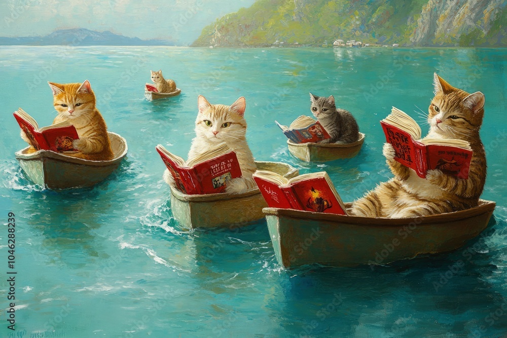 Canvas Prints a painting of cats reading books in a boat