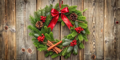 Fototapeta premium A festive evergreen wreath adorned with red berries, cinnamon sticks, and pine cones, resting against a weathered wooden backdrop.