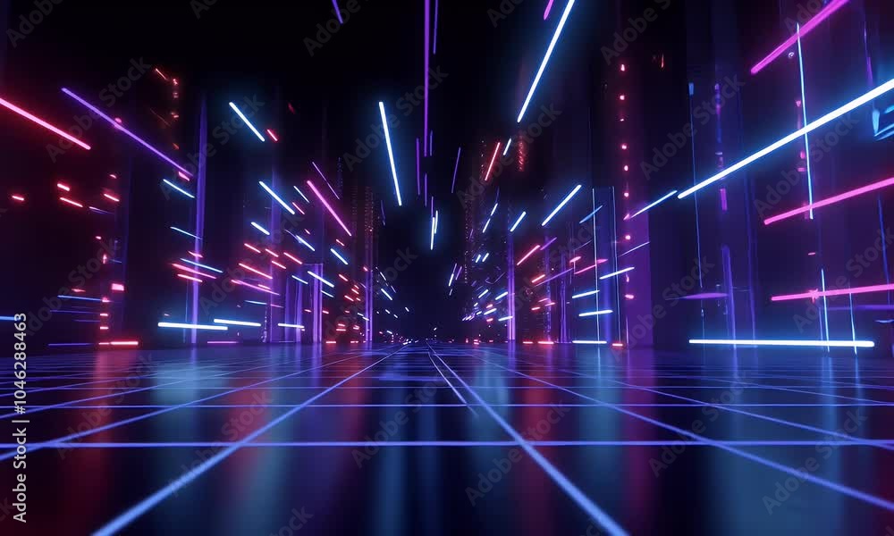 Poster 3d render, abstract background with neon laser light rays on a dark, empty black space for a design 