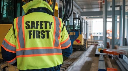Worker in safety gear at construction site, focus on safety.