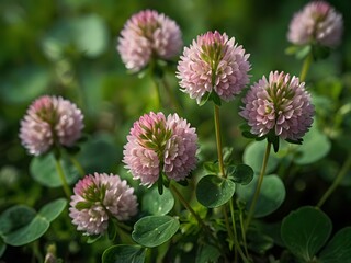 Close-up photo of clover flowers taken in the garden next to the house
