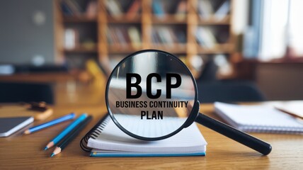 Business continuity plan concept with notebook and magnifier.