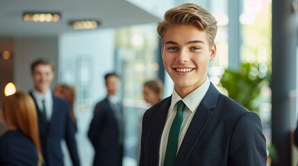 Fototapeta premium Smiling young professional in business attire at corporate event with colleagues