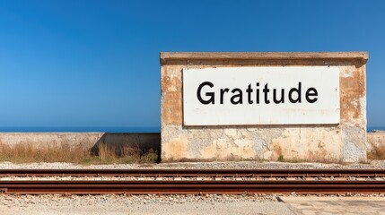 Fototapeta premium Gratitude Signpost: A weathered signpost stands tall against a vibrant blue sky, proclaiming 