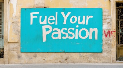 Fuel Your Passion: Inspirational Teal Sign on Urban Wall 