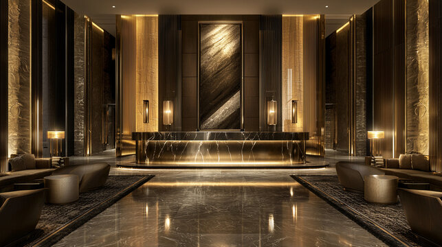 A luxurious hotel lobby featuring plush seating