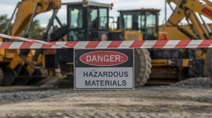 Obraz premium Warning sign: Hazardous materials in construction site with machinery.