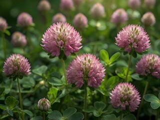 Close-up photo of clover flowers taken in the garden next to the house