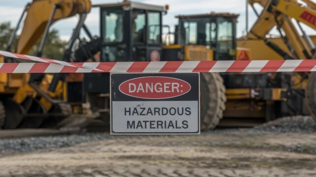 Warning sign: Hazardous materials in construction site with machinery.