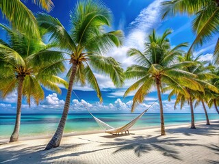 Underneath swaying palm trees, a peaceful hammock rests on immaculate white sands, forming a picturesque tropical oasis ideal for unwinding and savoring nature's beauty.