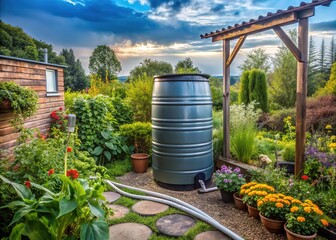 Obraz premium Utilize barrels in your garden for efficient rainwater harvesting, ensuring eco-friendly plant watering and sustainable gardening methods that conserve resources and promote growth.