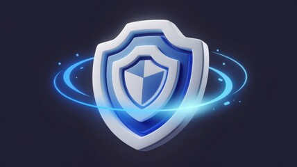 Stylized shield icon on dark backdrop with glowing effects.