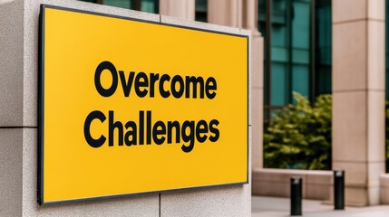 Overcome Challenges - A Motivational Sign: Bold, black lettering on a bright yellow sign proclaiming "Overcome Challenges" in a modern urban setting. This image exudes resilience, determination.