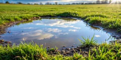 Water puddle standing on a grassy field with a tilted angle