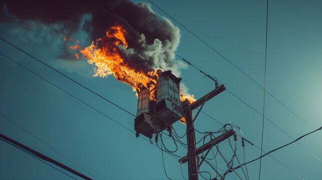 Power transformer on fire on utility pole during electrical malfunction