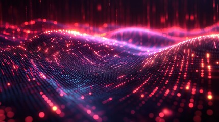 Abstract digital waves with glowing particles and vibrant colors.