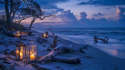 Obraz premium A twilight beach with candles lanterns and driftwood