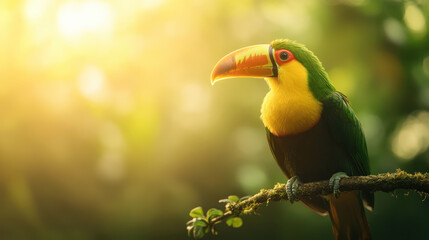 Obraz premium vibrant toucan perched on branch, basking in warm sunlight, showcases its striking yellow and green plumage. lush background enhances birds colorful features, creating serene atmosphere