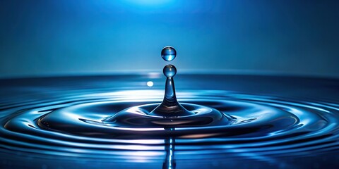 Water dripping from a droplet falls onto a dark blue background, blue drops, serene atmosphere, calm scene, wet surface