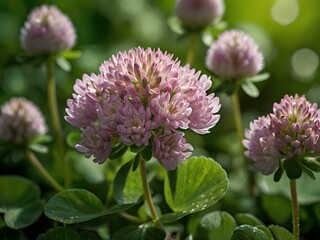 Close-up photo of clover flowers taken in the garden next to the house