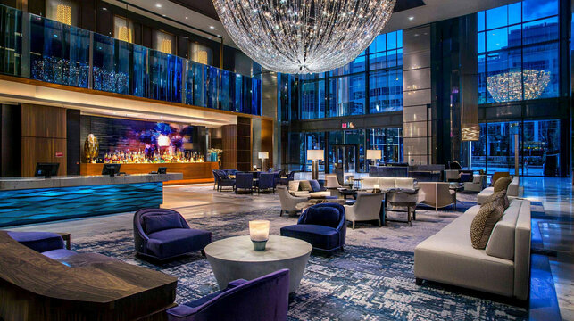 A luxurious hotel lobby with a large chandelier 