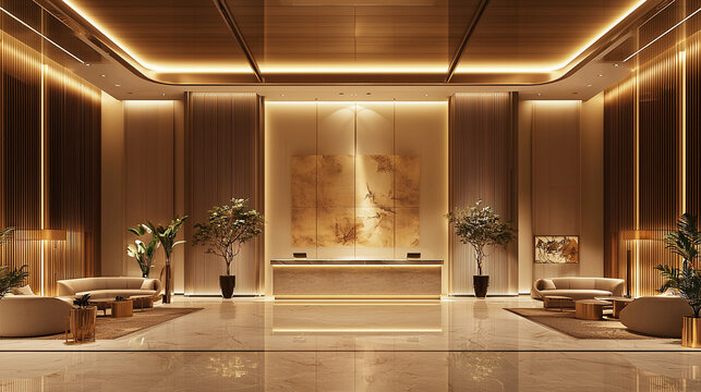 A luxurious hotel lobby featuring plush seating - Powered by Adobe