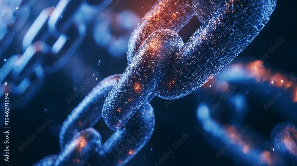 Poster a close-up view of a digital chain link, illuminated with bright particles, symbolizing technology, 