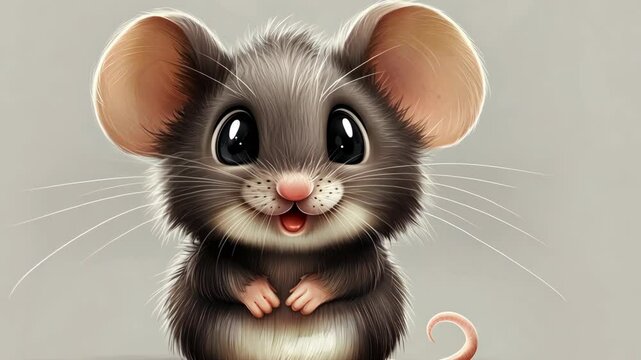 A cute little mouse with big eyes and a fluffy tail smiles at the camera