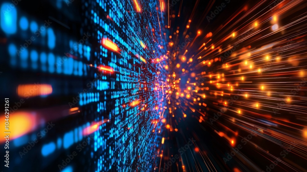 Poster a vivid, abstract depiction of digital data streams, featuring vibrant blue and orange lights rapidl